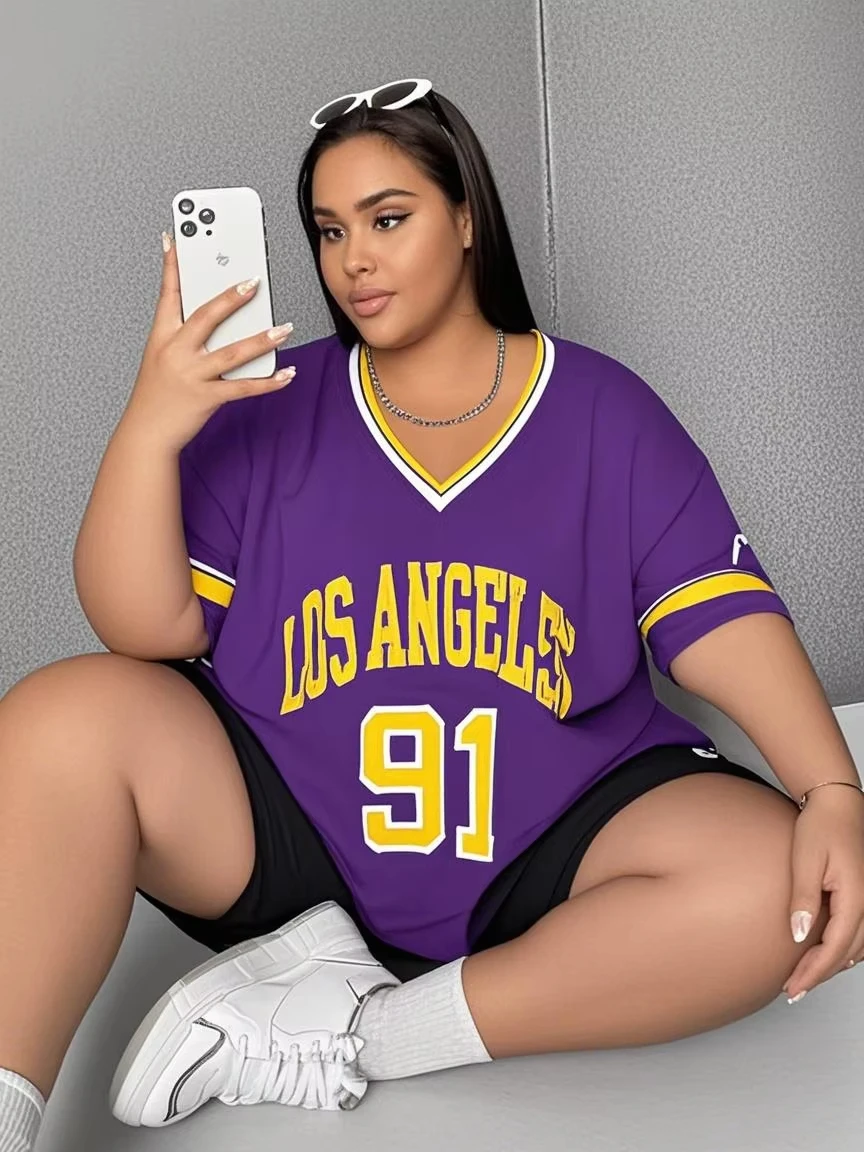 Plus Size Popular Trend Women V-neck Letter Stripe Pattern Outdoor Loose Comfortable Casual Versatile Short Sleeve T-shirt