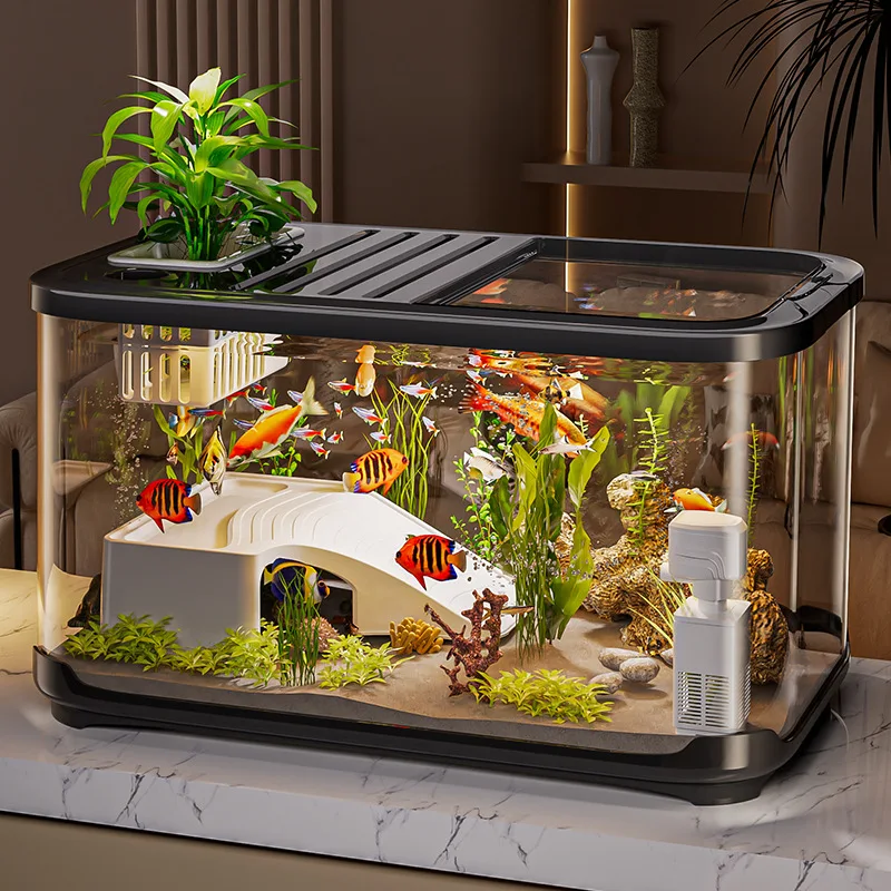 Premium Covered Desktop Aquarium Fish Tank Transparent Plastic Tabletop Turtle Tank Home Living Room Decor Aquarium Tank