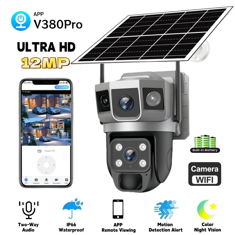 Solar IP Camera Outdoor 12MP Triple Screen WIFI Wireless Network Monitor V380Pro IP66 PIR Human Detection Security CCTV Camera