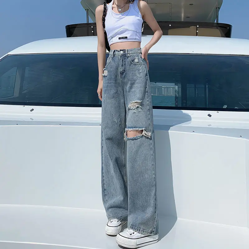 Spring Thin High Waist Straight Leg Jeans Women's Ripped Denim Pants Drapey Wide Leg Trousers Faionable Casual Jeans