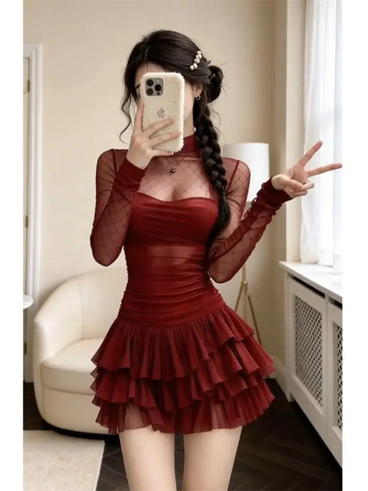 Pure Desire f High Collar Me Splice Dr Women's Autumn Winter Sweet Spicy Girl Slim Cake Skirt Korean Sle High Waist