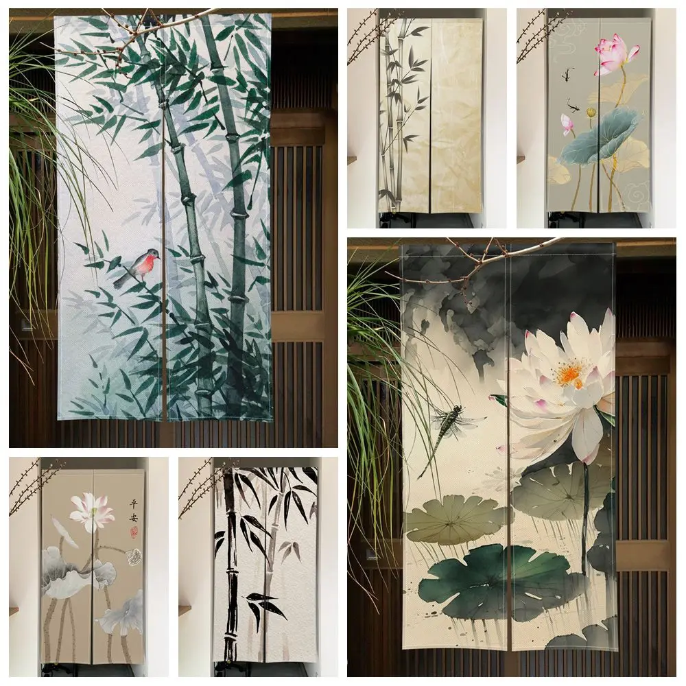 Bamboo Lotus Door Curtain Ink Wash Painting Japanese Linen Curtains Doors Bedroom Kitchen Entrance Decor Partition Half Curtain