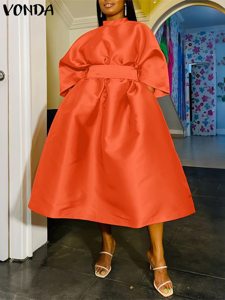 5XL Women Plus Size Dress Solid Elegant Belt Work OL Sundress VONDA 2025 Fashion 3/4 Sleeve Mid-Calf Vestidos Autumn Loose Robe