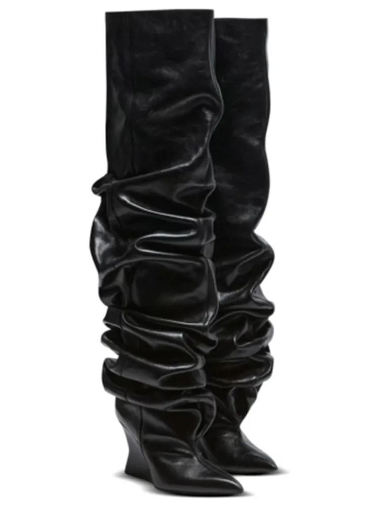 Women's Fashion Pointed Thick Soled Pleated Short Boots, Autumn and Winter Thick Heeled Long Boots, Sexy Runway Women's Boots