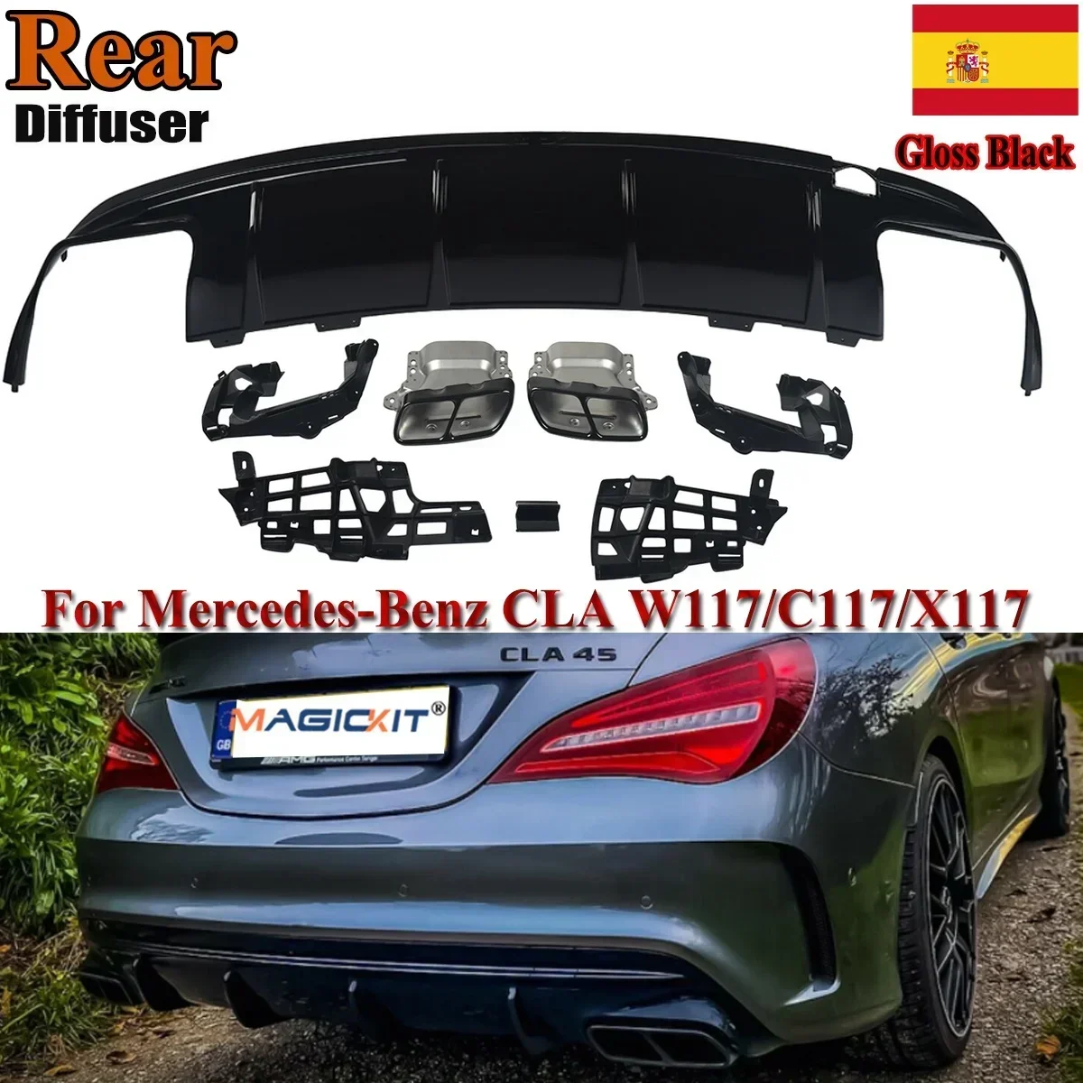 MagicKit For Mercedes Benz AMG W117 C117 X117 Rear Diffuser With Exhaust Tailpipes CLA260 CLA45 Rear Bumper Lip Gloss Black