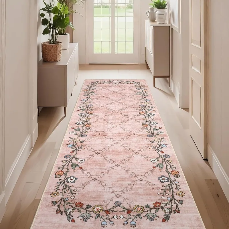 Geometric Diamond Grid Runner Rug Vine Flowers Romantic and Simple Bedroom Carpet Living Room Floor Mat Bedside Home Decoration