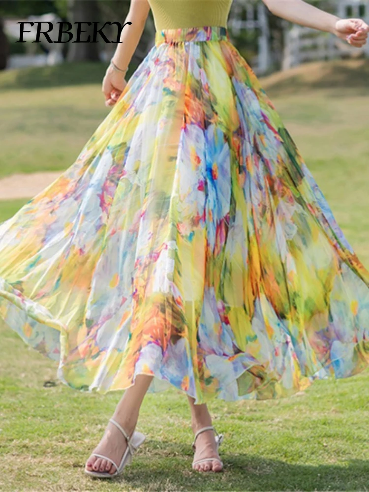 Elegant Skirts for Women Summer New Chiffon Half-body Skirt Crushed Flower Vacation Style Women's Beach Skirt Pleated Skirt