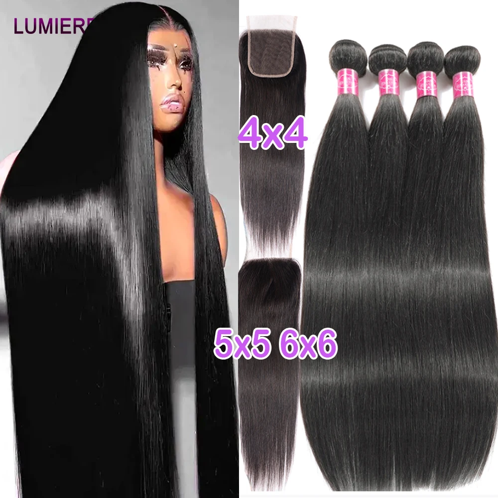Raw Indian Bone Straight Bundles with HD Transparent Lace Closure 5x5 6x6 Frontal And Bundles 30 40 Inche Human Hair Double Weft
