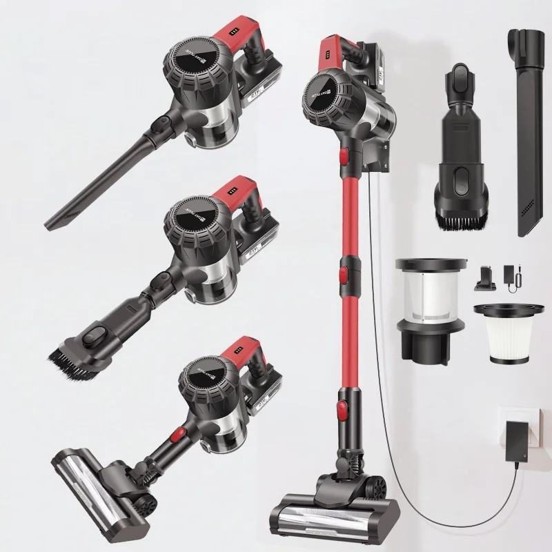 BRIEFNESS 6 in 1 Cordless Vacuum 20000Pa Strong Suction LED Light Rechargeable for Pet Hair Hardwood Car Carpet Wall Mount Red