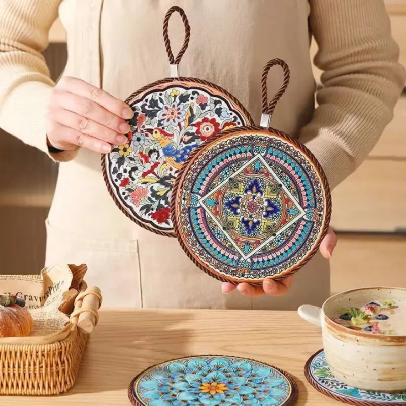 Vintage Ceramic Heat Insulating Mat Heat Resistant Mat With Cork Base Coasters New Chinese Style Dinner Mat With Hanging Rope