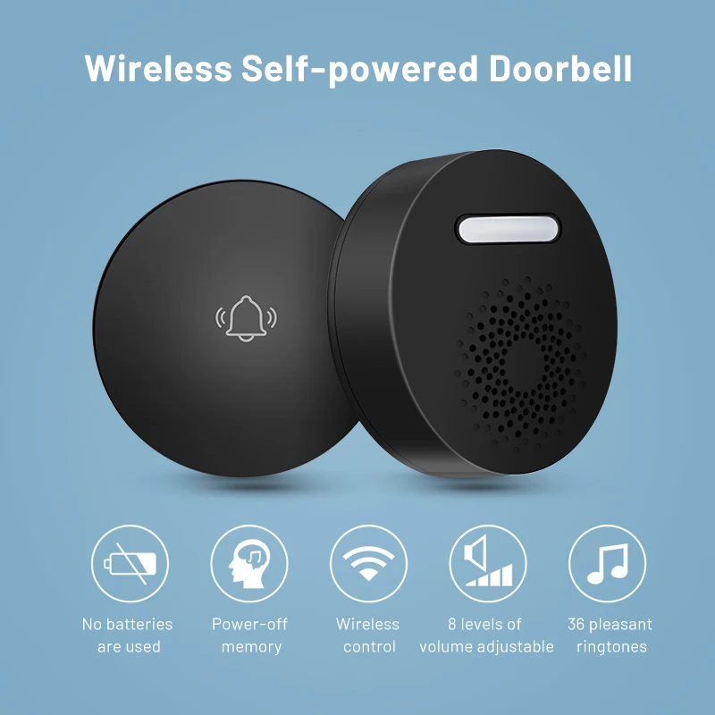 Wireless Doorbell No Battery required Waterproof Self-Powered Door bell Sets Home Outdoor Kinetic Ring Chime Doorbell