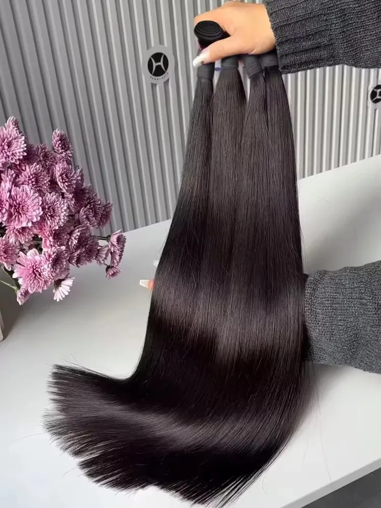 12A Burmese Silky Straight Human Hair Bundles Unprocessed Double Weft Natural Black Thick Tangle-Free Silky Hair Extensions