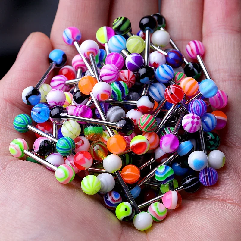 20/50PCS/Set Acrylic Tongue Ring Mixed Color Stainless Steel Barbell Tongue Piercing Women Sexy Body Jewelry Gift Wholesale