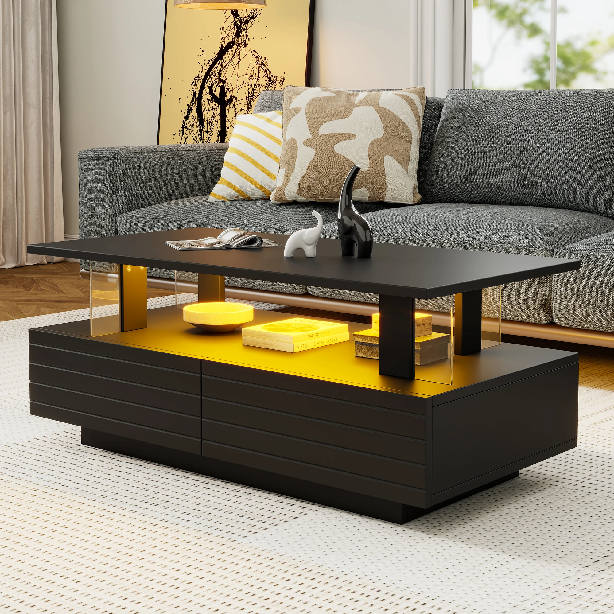 PINGGO Coffee Table Living Room Coffee Table Sofa Side Table With Two Drawers Rectangular Coffee Table With LED Lights Maderail