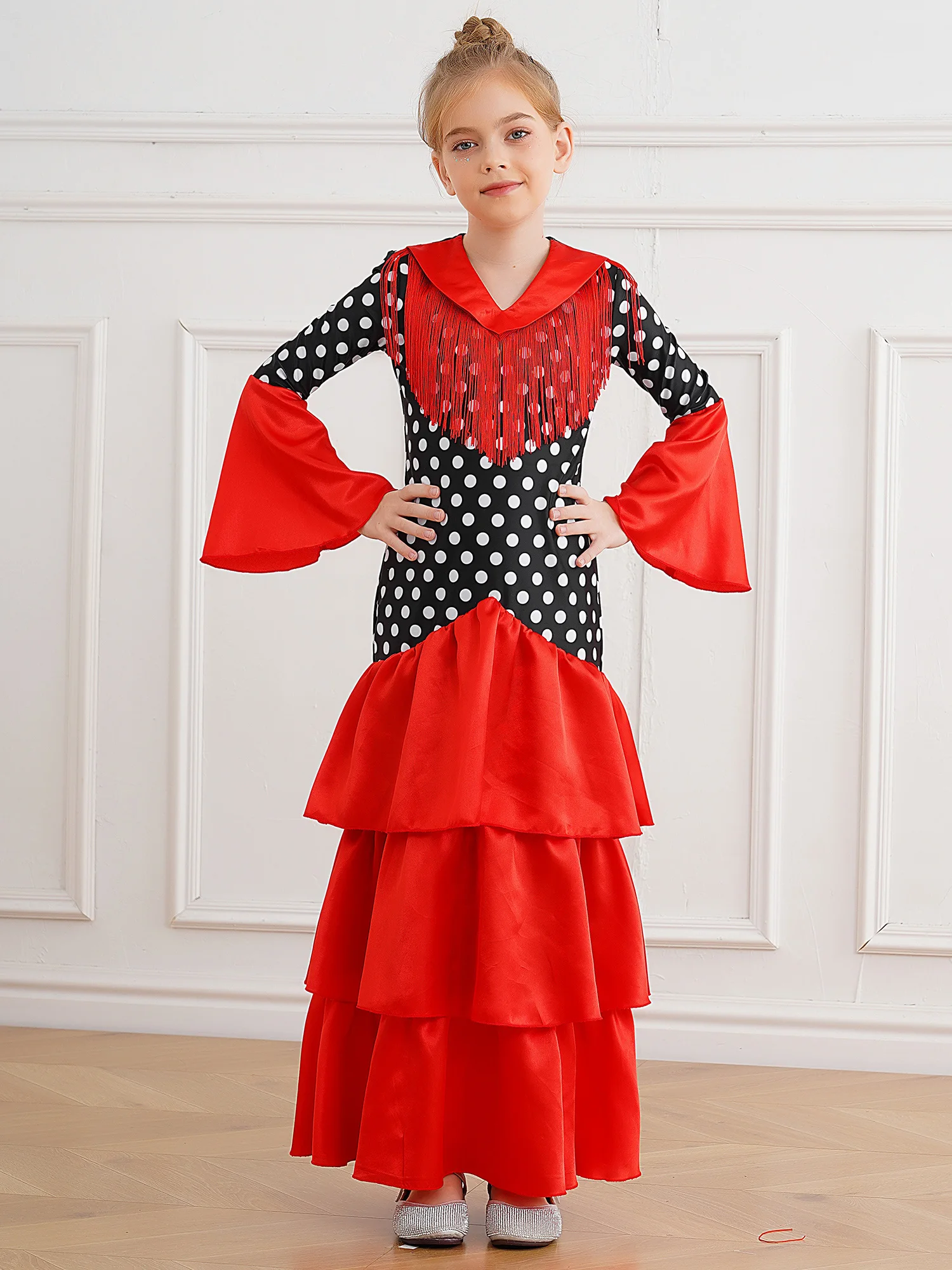Childrens Girls Flamenco Dance Dress Halloween Cosplay Spanish Bullfight Dancewear Flared Sleeve Tiered Ruffle Polka Dots Dress