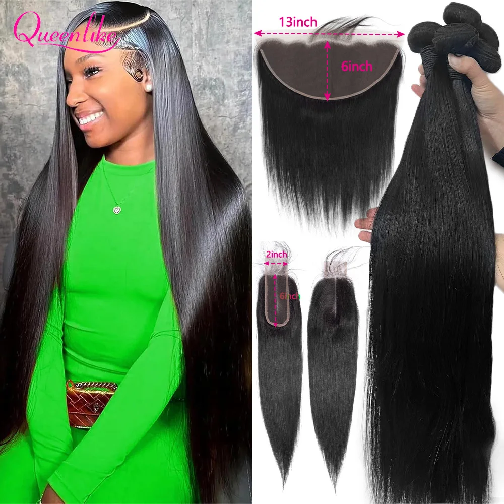 Straight Human Hair Bundles With 13X6 HD Transparent Lace 2X6 Middle Part Closure 100% Raw Human Hair Weave Extensions Deals