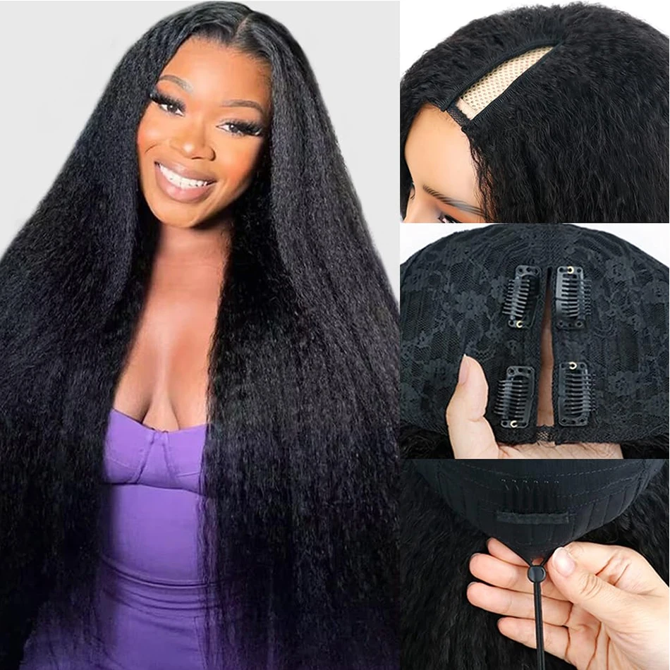 Kinky Straight V Part Wig Human Hair For Women with Drawstring 250% Density Upgrade Glueless U Part Wig No Leave Out No Sew In