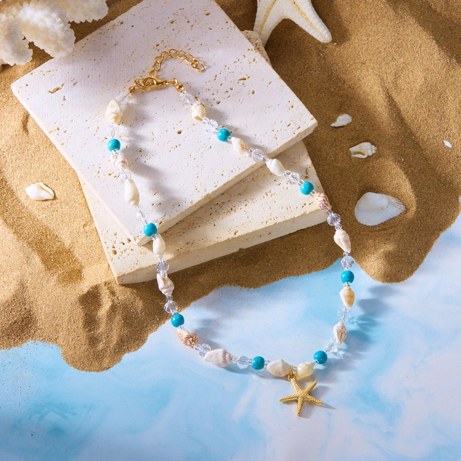 New Handmade Starfish Pendant Necklace for Women Bohemian Conch Beaded Choker Necklace Girls Spring Summer Beach Jewelry Gift