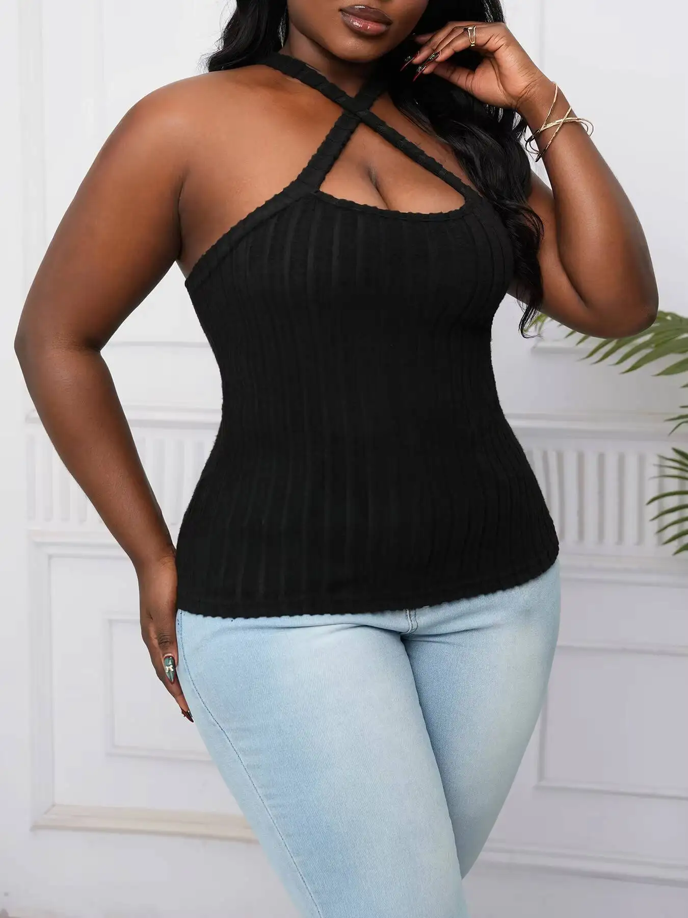 Plus Size Fashion Women's Tank Top Halter Criss Cross Rib Knit Slim Cami Top Chic Elegant Spring Summer Sexy Daily Stretchy Top