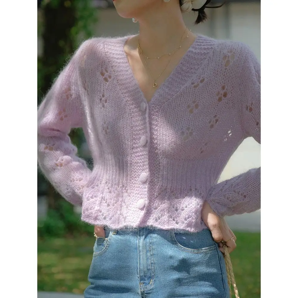 Soft ort Knitted Open Cardigan Women's Thin Vintage Gentle Hollow out Sweater Versatile Slimming Outerwear Spring Autumn