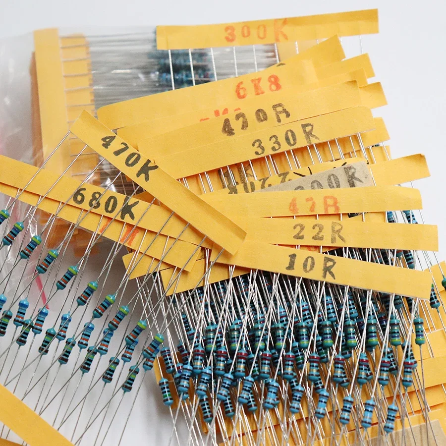 600pcs/set 30 Kinds 1/4W Resistance 1% Metal Film Resistor Pack Assorted Kit 1K 10K 100K 220ohm 1M Resistors 300pcs/set