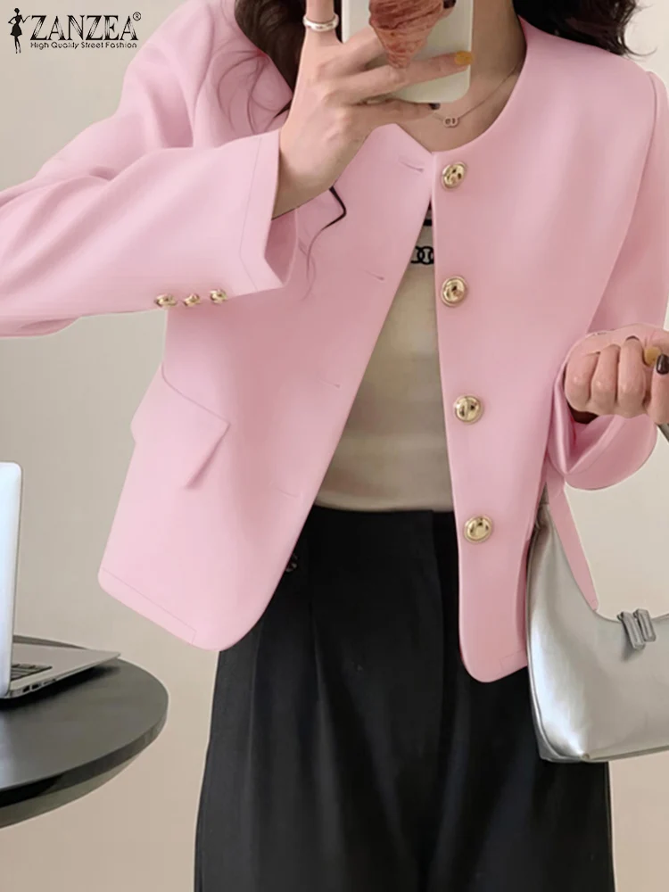 ZANZEA Commute Fashion Blazer Elegant Button Up O-Neck Long Sleeve Shirts Solid Color Women's 2025 Spring Casual Chemise Femmes
