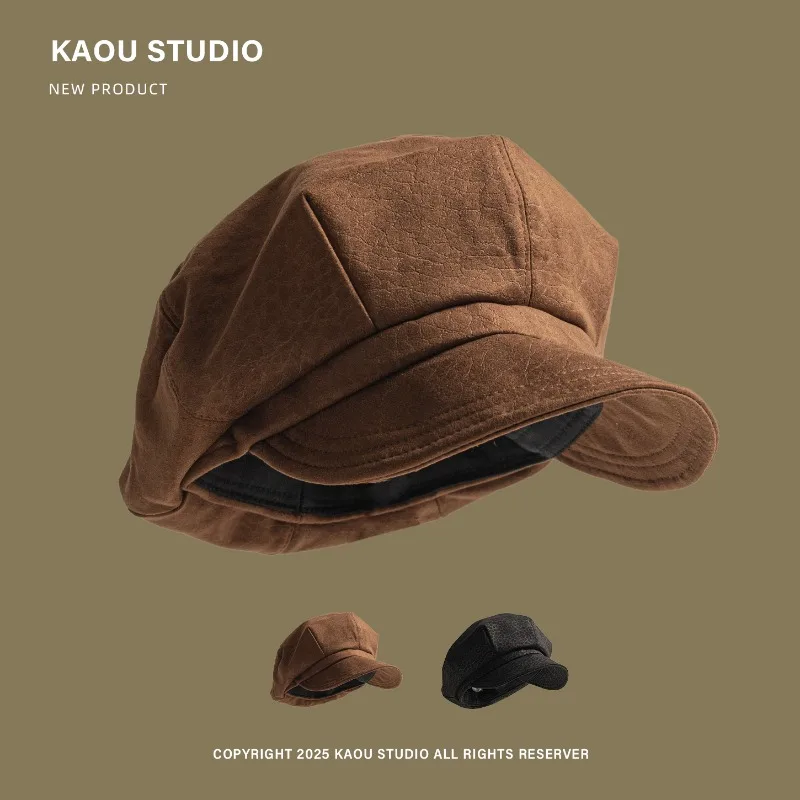 Autumn and Winter Trend Pu Leather Octagonal Newsboy Cap Women Street British Personality Large Version Soft-brimmed Painter Hat