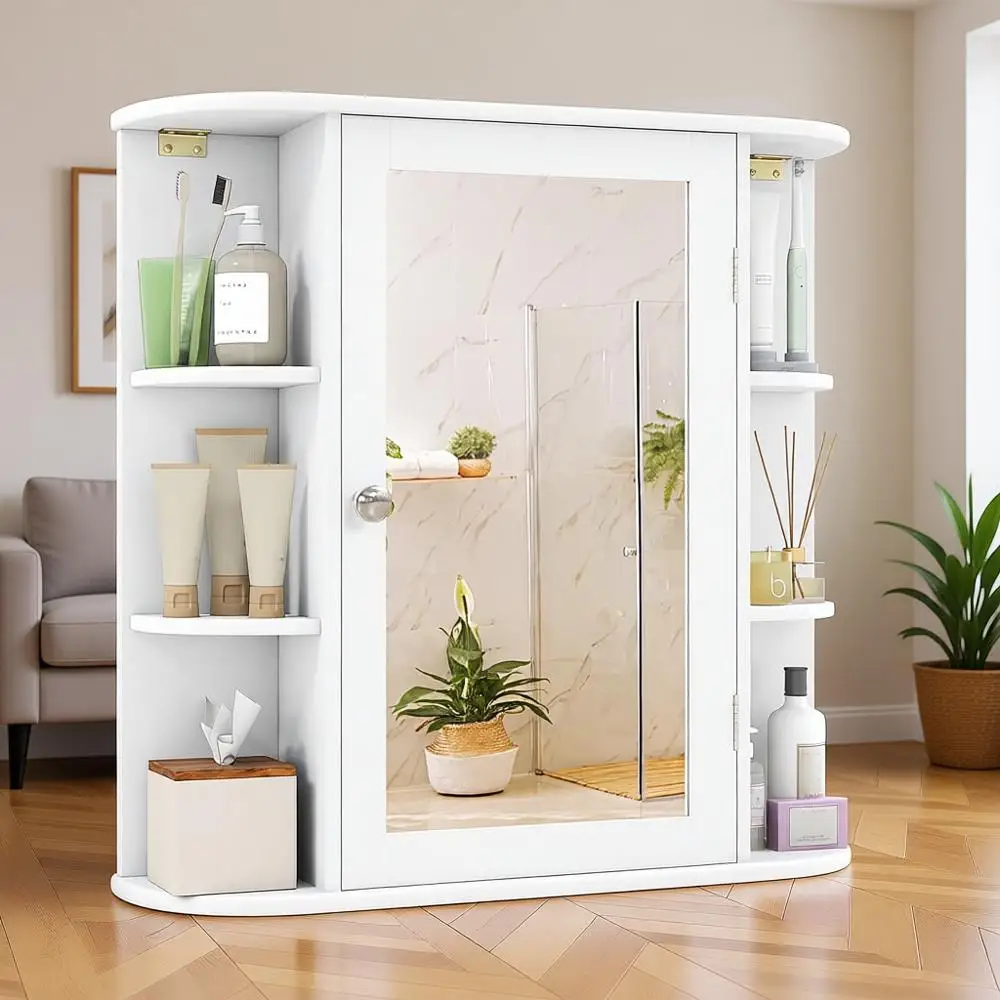 Wall-Mounted Mirrored Medicine Cabinet with 4 Shelves and 6 Open Storage Spaces, White