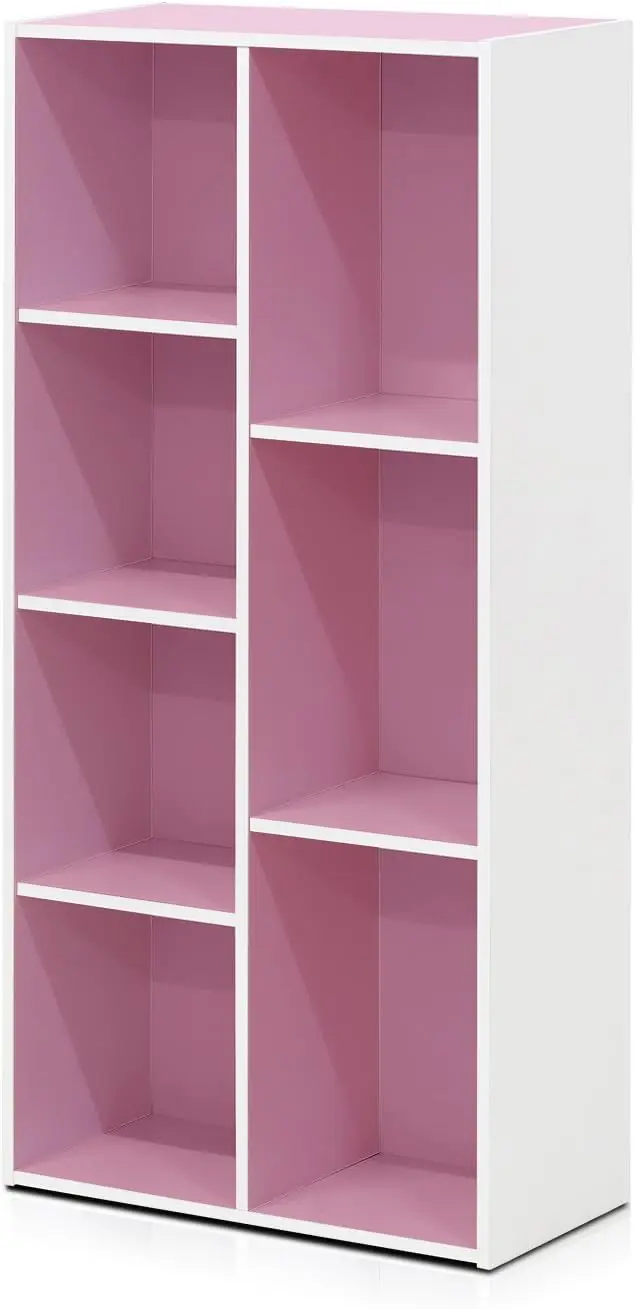 LUDER Book Shelf, 7-Cube Bookshelf, Bookcase, 9.4 x 19.5 x 41.7, for Living Room, Bedroom, Home Office, White/Pink