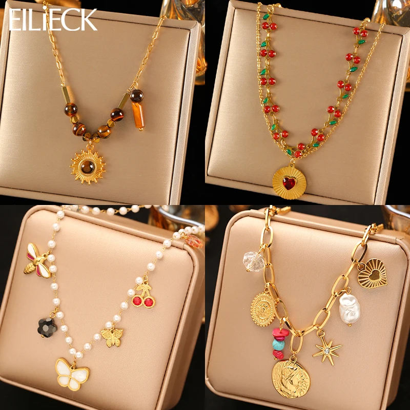 EILIECK 316L Stainless Steel Zircon Bead Pearls Pendant Necklace For Women Fashion Trendy Handmade Neck Chain Jewelry Lady Gift