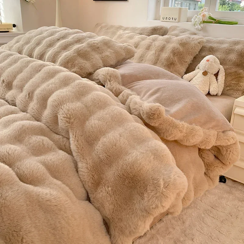 4pcs Grey Rabbit Fur Bedding Set Thick Milk Plush Winter Duvet Cover Warm Bed Sheets, Queen Size Four Piece Set Bedroom Decor