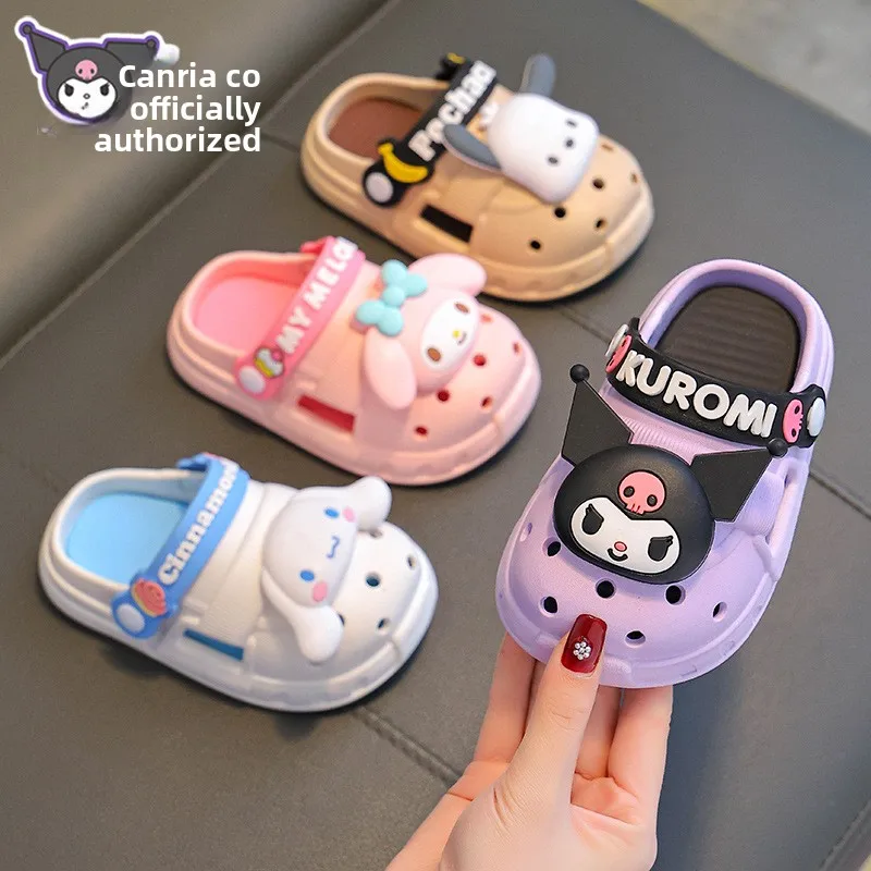 Hello Kitty Girl Cartoon Summer Hole Shoes My Melody Kuromi Sanrios Children Bag Head Breathable Outside Wear Kids Beach Sandals