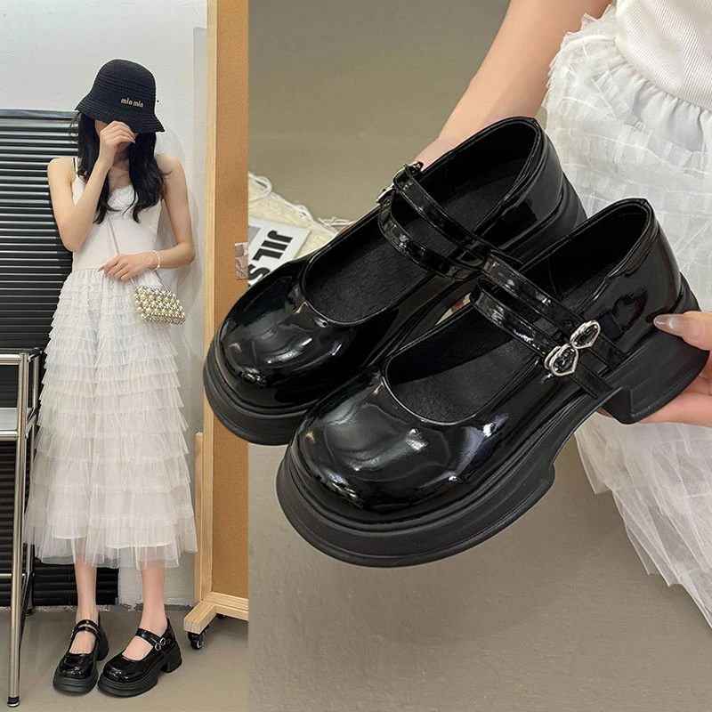 Soft Leather Retro Mary Jane Women's oes Thi Heel Spring New Sle for Skirts Bla High Heel JK Leather oes