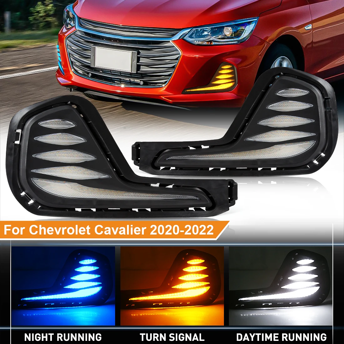 2PCS LED Daytime Running Light For Chevrolet Cavalier 2019 2020 2021 2022 DRL LED Fog Lamp Dynamic Yellow Turn Signal Car 12V