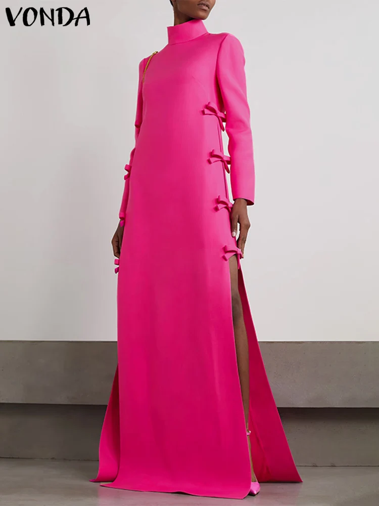 Plus Size VONDA Women Long Maxi Robes Dress 2024 Elegant Chinese Style Bownot Stand Collar Party Slit Sundress Vintage Vestidos