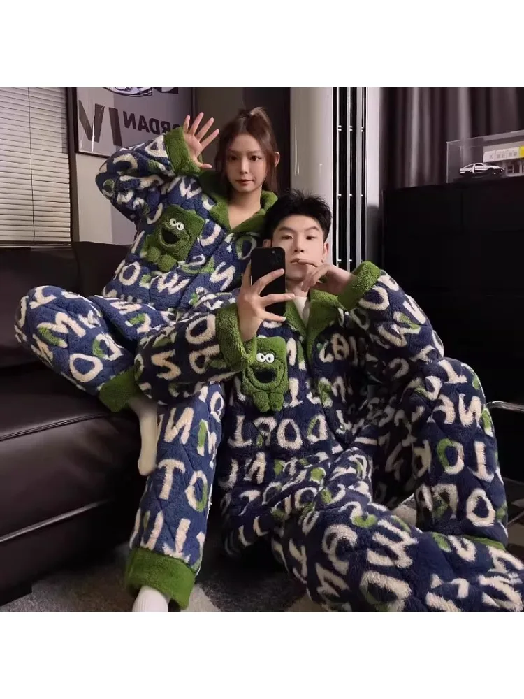 Couple's Thiened Coral Fce Spwear Long Sve Long Pants Leisure Home Clothes for Men And Women Winter Home Clothes