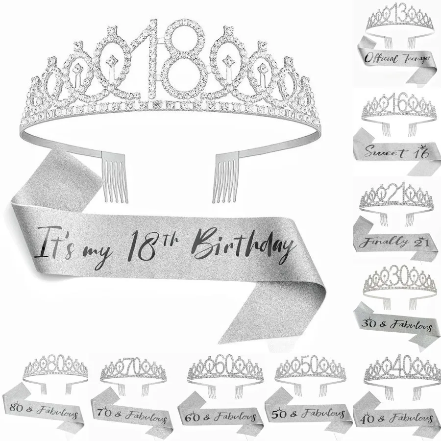 Birthday Tiara Crown Sash Women Girls 13th 16th 18th 21St 30Th 40Th 50Th 60Th 70Th 80Th Birthday Party Decoration Favor Gifts