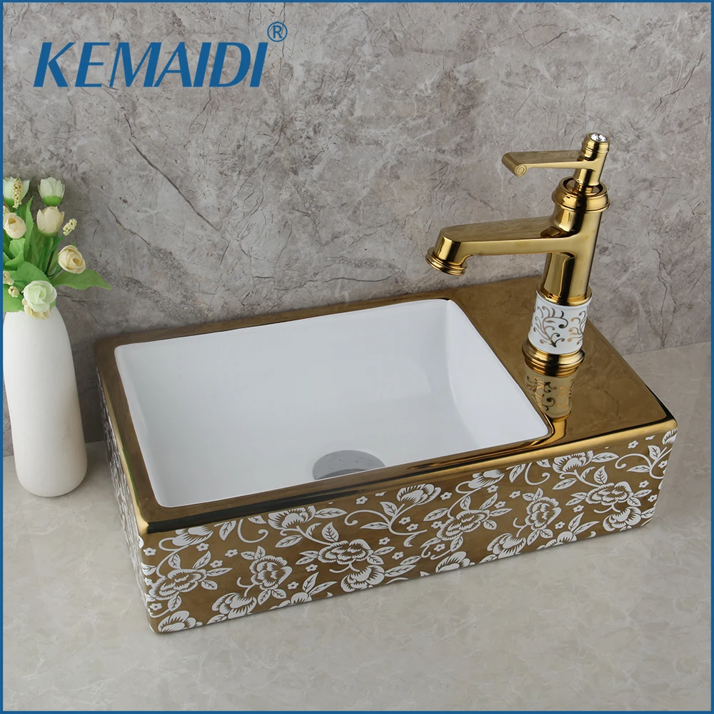 KEMAIDI Golden and white Ceramic Basin Sink Bathroom Sinks European Washbasin Sink Faucet Combo Counter Top Vessel Sink