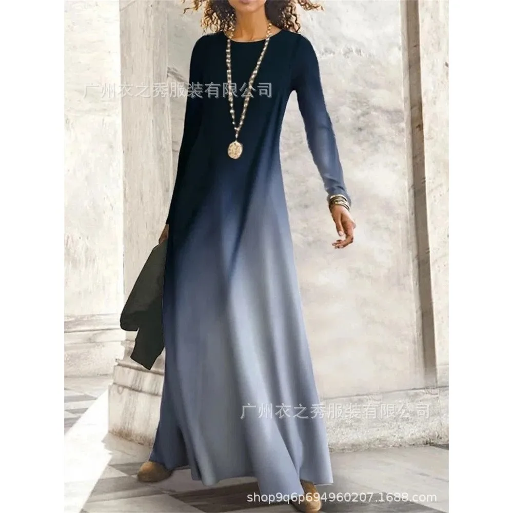 Spring And Summer New Elegant For Women's Dresses Simple Print Retro Slim High Waist Long Sleeve O Neck Casual Robe Dress 2025