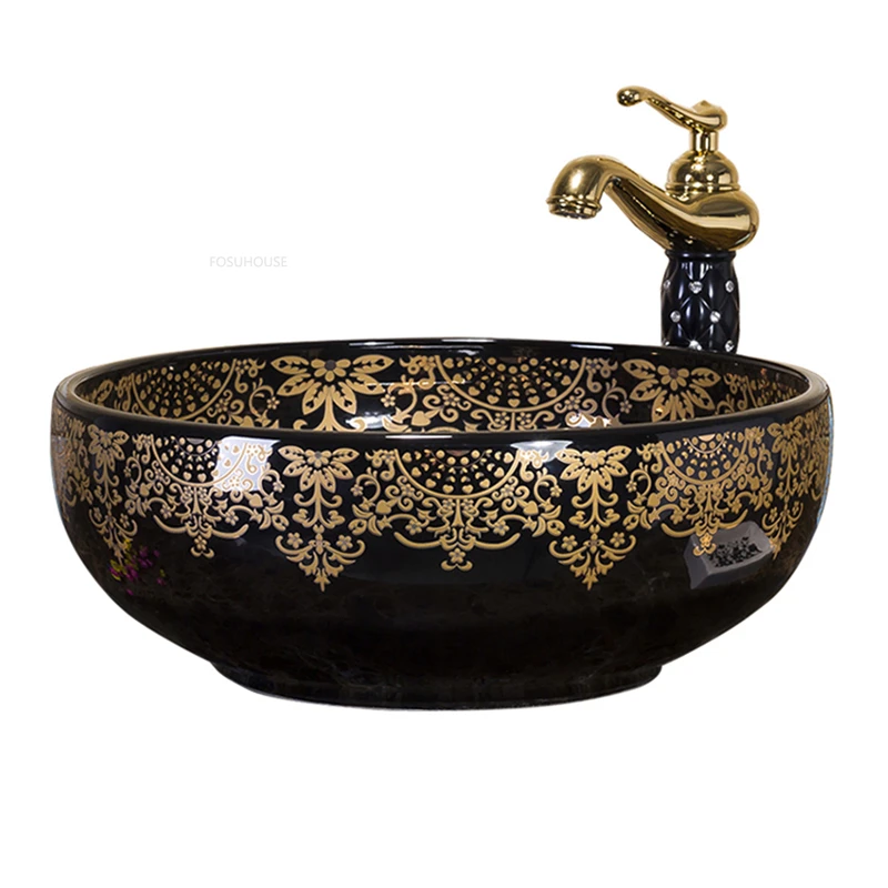 American Art Bathroom Sinks Retro Home Round Single Basin European Ceramic Wash Basin Balcony Toilet Creative Hand Painted Basin
