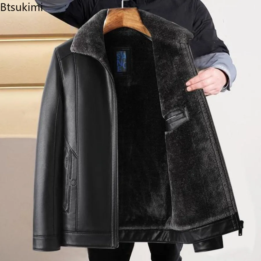 New Men's Leather Jackets Autumn Winter Fleece Warm Motorcycle Coat Fashion Business Casual PU Leather Jacket Men Slim Outerwear