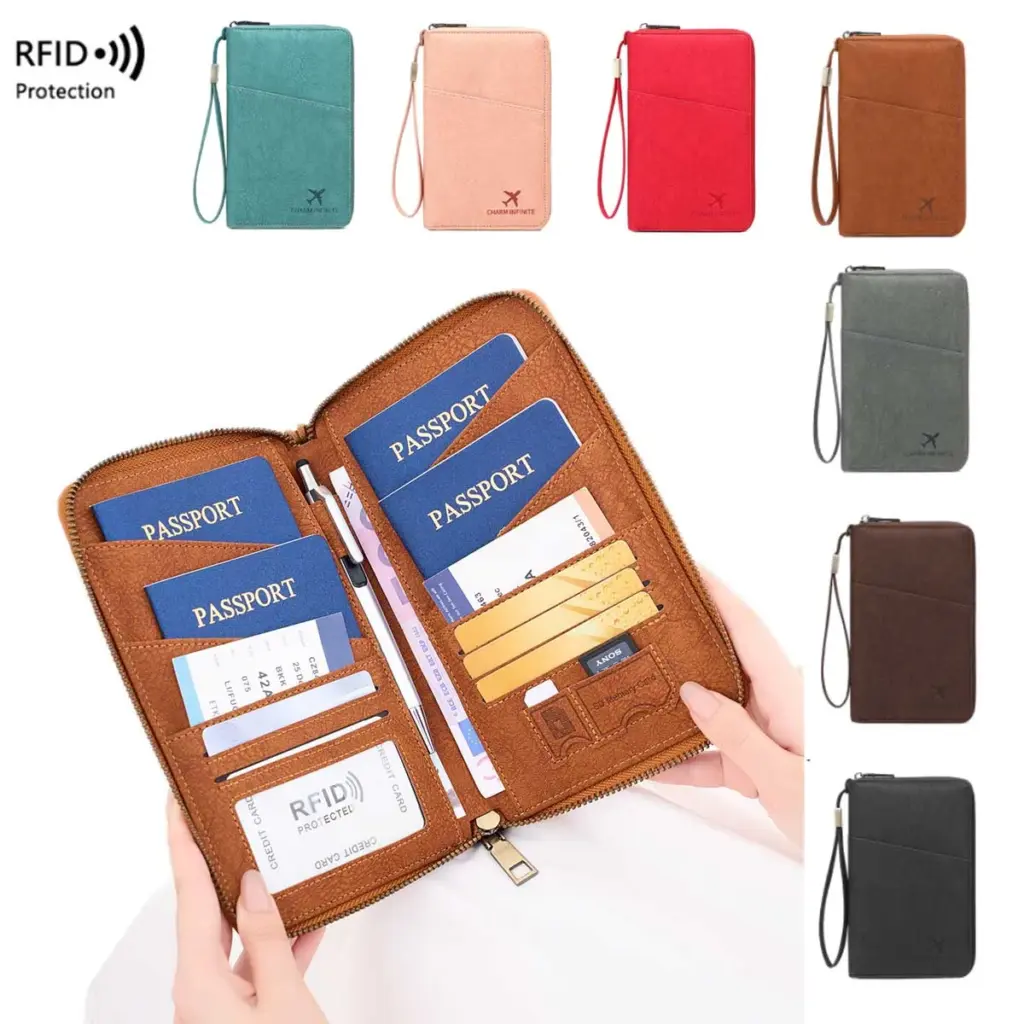 Multi-Functional RFID Blocking Passport Bag Travel Document Holder with Long Zipper Ticket Storage Wallet for Multiple Passports