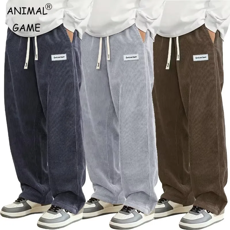 Autumn Mens Corduroy Casual Pants Fashion Loose Fit Pants Straight Sweatpants Elastic Waist Drawstring Outdoor Streetwear