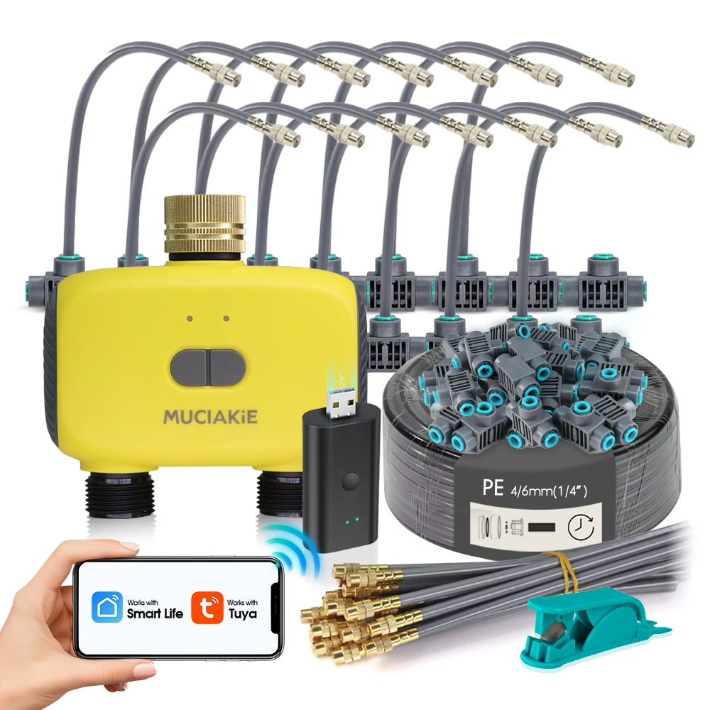 Bluetooth USB & Dual Zone Garden Watering Timer Irrigation Kit Adjustable Atomization Spray Head Support Smart Voice Assistant