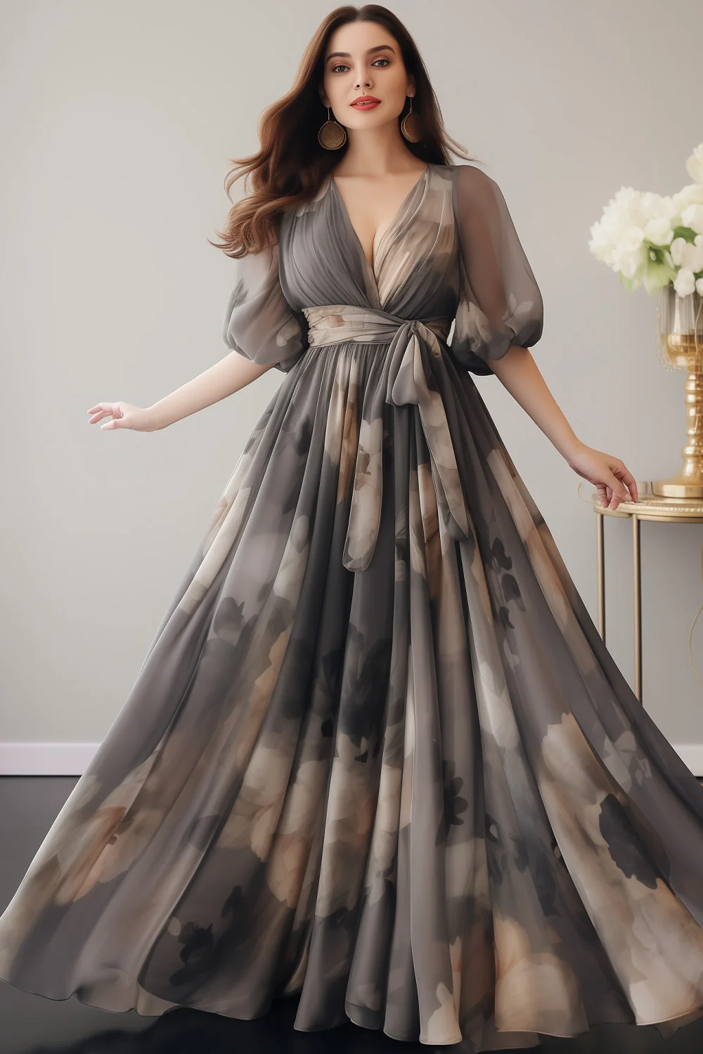 Flycurvy Plus Size Wedding Guest Dark Gray Chiffon Floral Print Puff Sleeve Maxi Dress