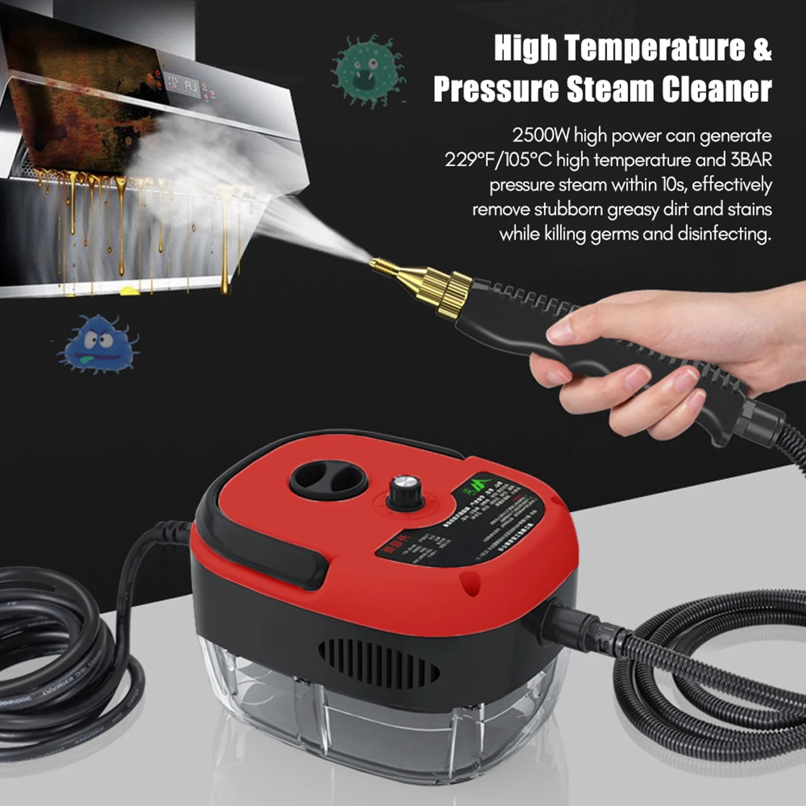 Steam Cleaner Handheld High Temperature Pressurized Steam Cleaning Machine 1500W with Brush Heads for Kitchen Furniture Car