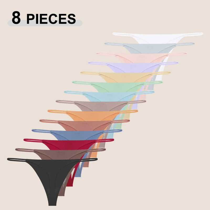 FINETOO 8Pcs/Set Traceless Solid Color G-string Panty Women Sexy Low Waist Ultra-thin Breathable Underpants Female Summer Thongs