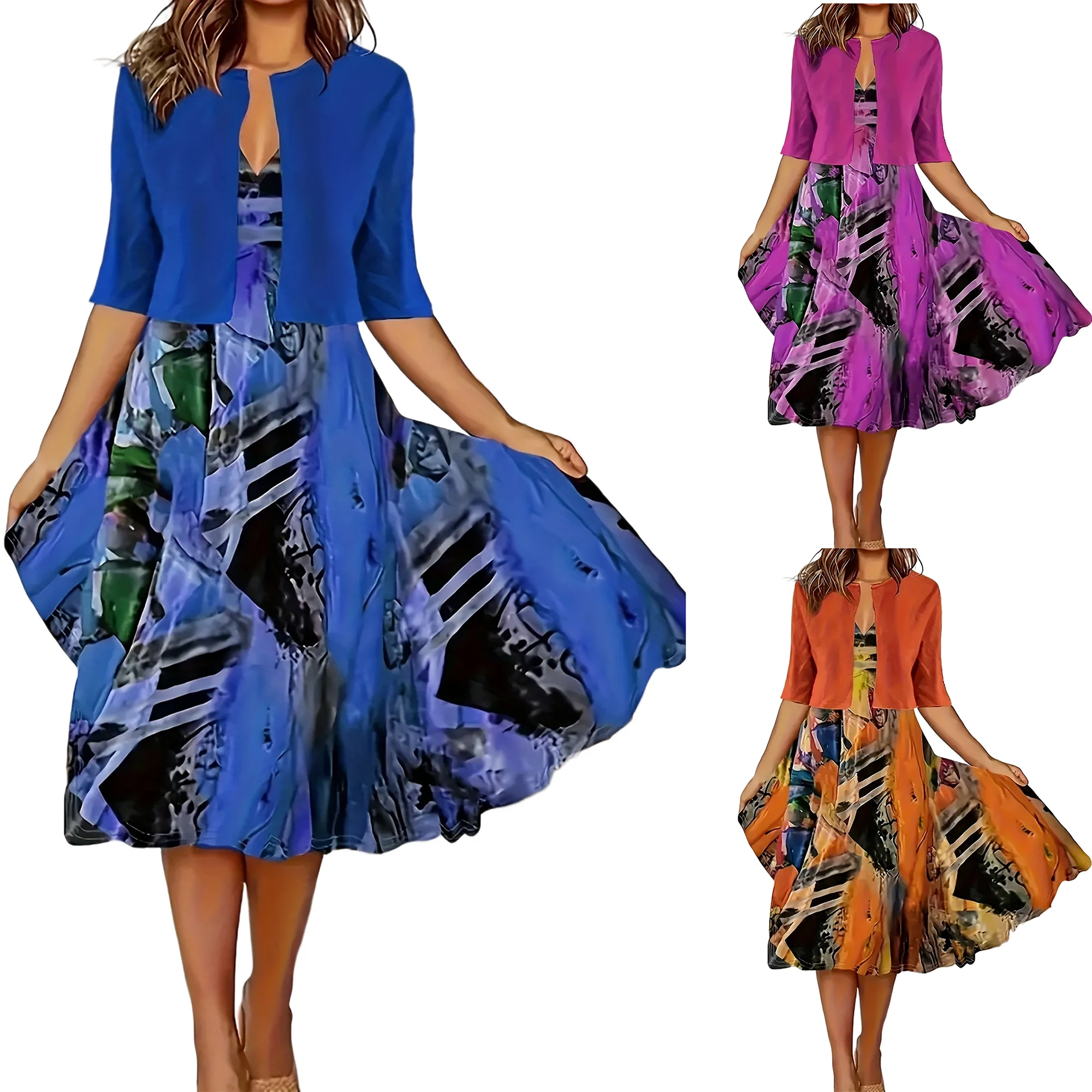 2025 new! Eu-american style women's casual elegant two-piece printed dress with cardigan skirt