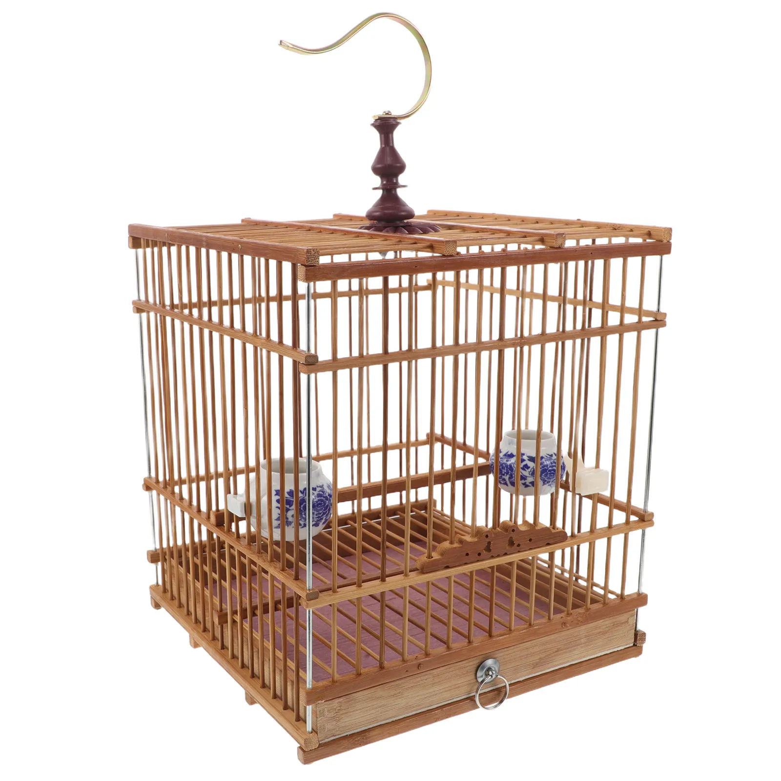 Bamboo Bird Cage Handmade Rectangular Carbonized Purple Hanging Hook Birdcage for Small Birds Finch Goldfinch Balcony Garden