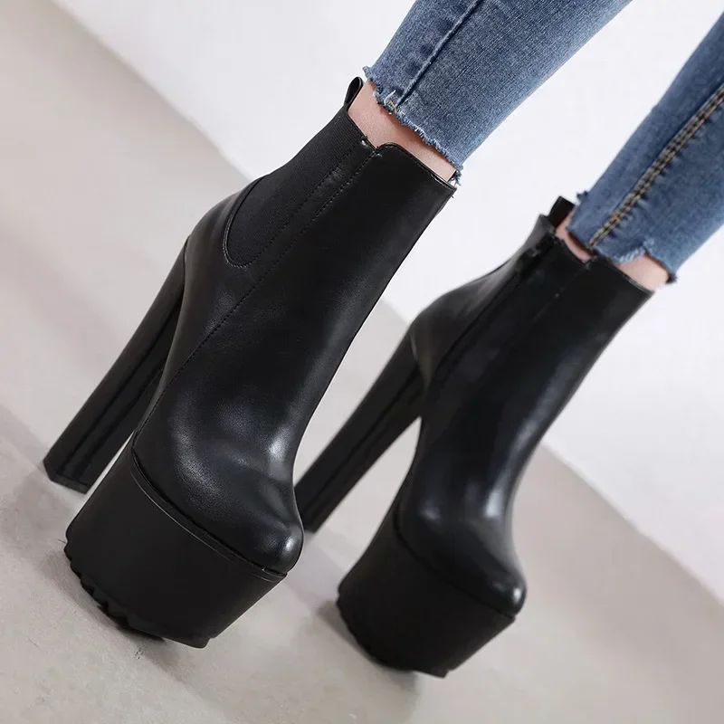 16CM Thick High Heel Shoes Womens Platform Elastic Band Side Zipper Chelsea Boots Black Ankle Boot Zapatos Para Mujeres
